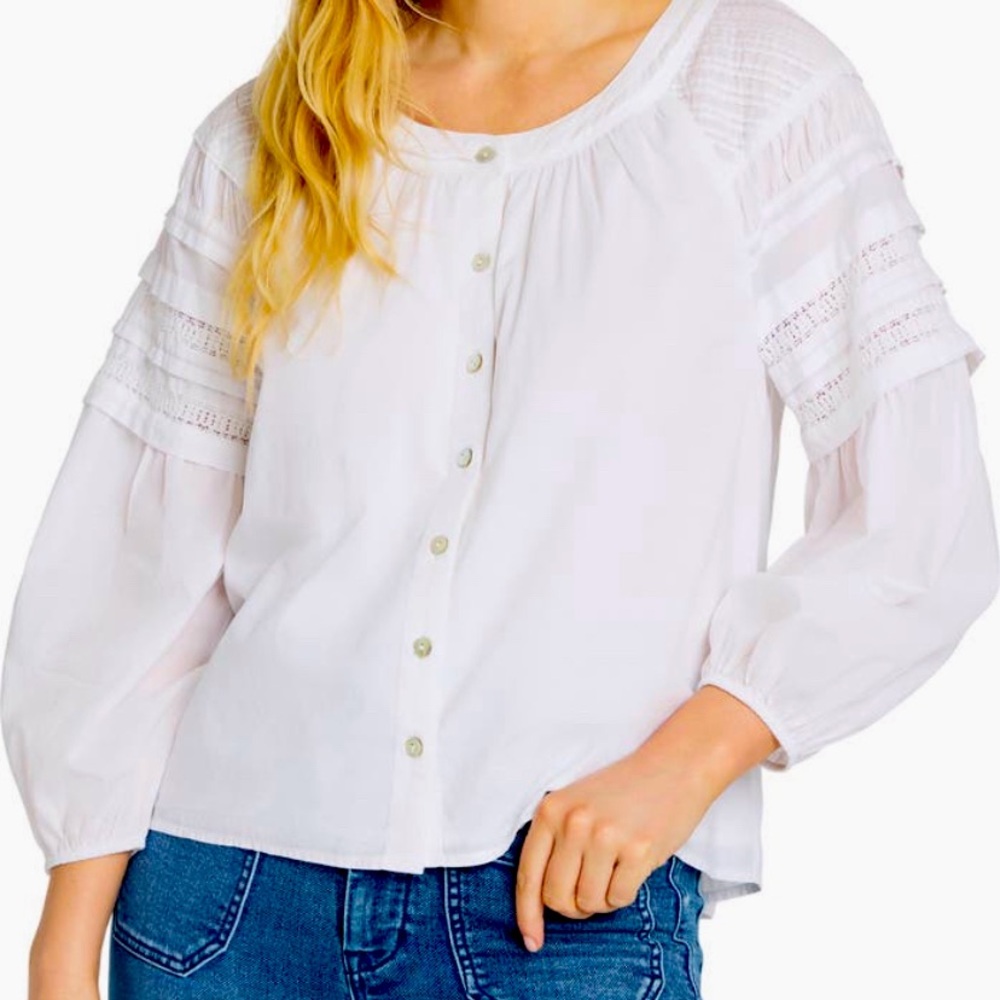 FAHERTY SMALL WHITE COTTON BUTTON FRONT ENNA BLOUSE WITH LACE INSET; NEW W/TAGS!